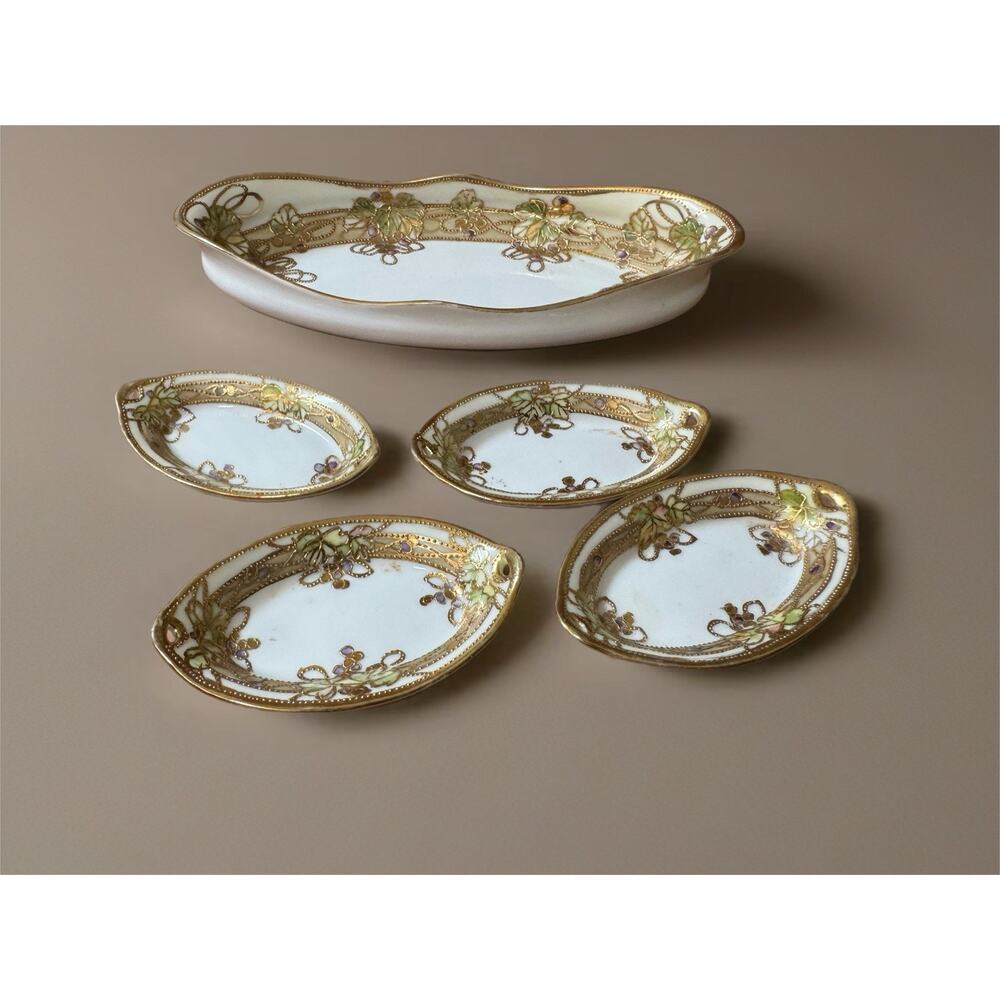 Antique Nippon HandPainted Celery Tray Nut Dishes Gold Gilded Moriage Porcelain